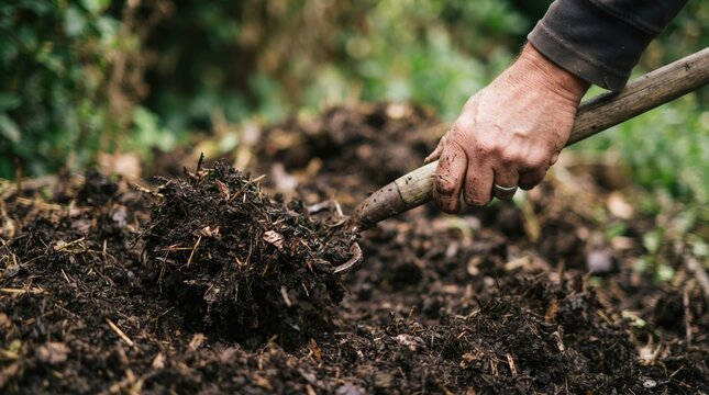 Gardener turning rich dark compost with a garden fork outdoors for organic farming and soil improvement