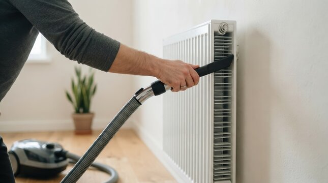 Man vacuuming dust from a home heating radiator with a vacuum cleaner nozzle tool in a living room