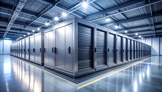 Modern High Tech Data Center Facility with Rows of Secure Server Cabinets for Cloud Computing and Information Storage Infrastructure