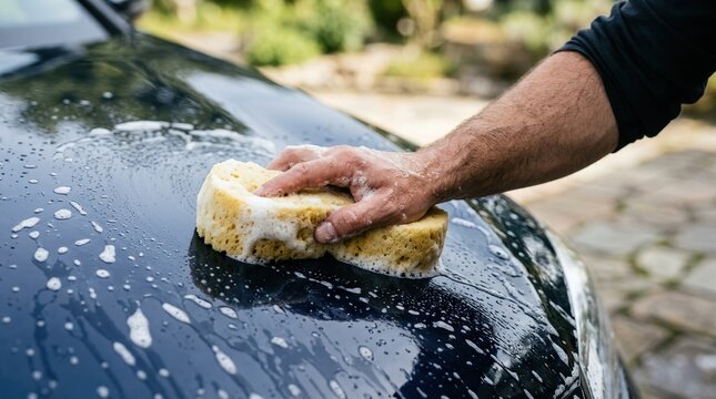 Man washing a dark blue car with a soapy sponge outdoors, representing vehicle maintenance and auto care