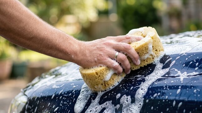 Close up of a man washing a blue car with a soapy sponge outdoors representing car care and maintenance
