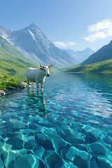 Obraz premium Cow lake mountain water landscape alpine valley sky meadow summer