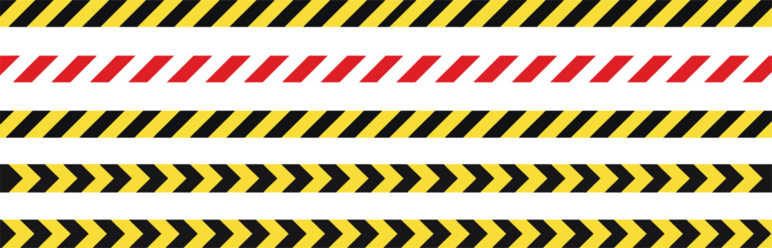 A collection of various industrial hazard warning tapes featuring diagonal stripes and chevron patterns in yellow black and red colors