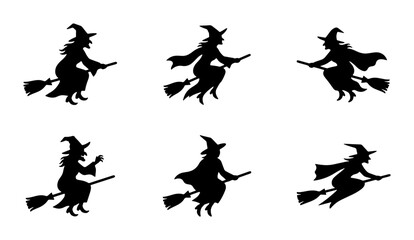 Fototapeta premium Witch Flying Silhouette Set, Halloween Magic Broomstick Icons, Spooky Night Character Graphics
