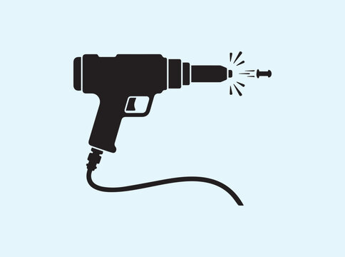 A rivet gun in silhouette with an attached air hose and a rivet being ejected on a white backdrop