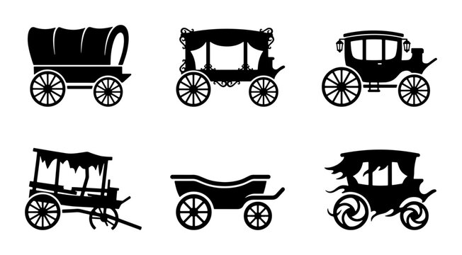 Vintage Wagon Icons, Horse Carriage Silhouettes, Old Western Transport Vector Set