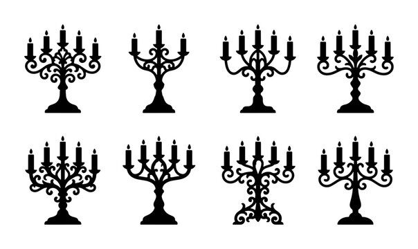 Ornate Candelabra Vector Icons, Elegant Candle Holders, Decorative Lighting Elements, Set of 8 Black Silhouettes