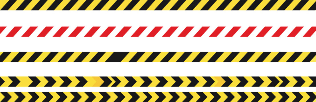 A collection of various hazard warning tapes featuring different striped patterns and chevron designs for construction and safety site marking
