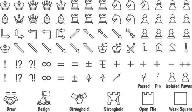 Comprehensive collection of chess game symbols, and notation markers for strategy analysis, black and white set for players