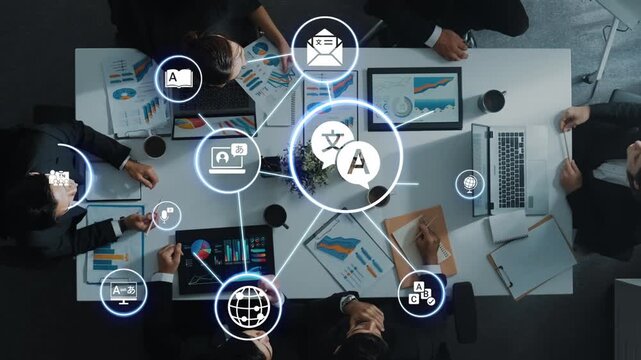 Translation icons show international languages, interpretation, and communication. Translation helps global business, translation supports learning, and translation improves cultural exchange. Funnel