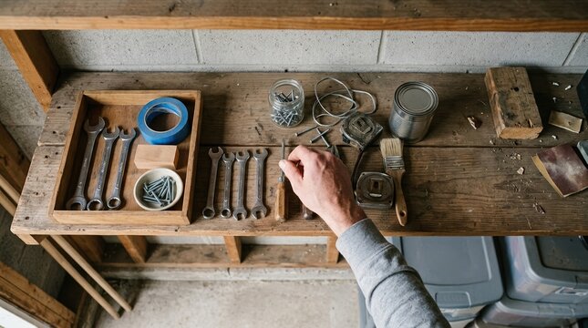 A mature caucasian man picking a tool from a cluttered wooden workbench in his garage workshop