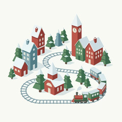 Fototapeta premium A small toy train travels through a snowy winter village scene
