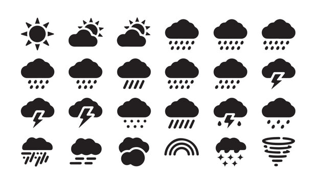 Collection of 20 black silhouette weather icons representing different atmospheric conditions.