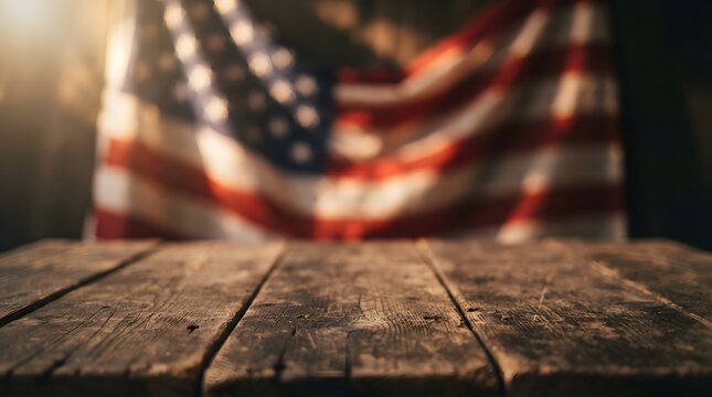 Empty rustic wooden table top with a blurred american flag in the background for product display