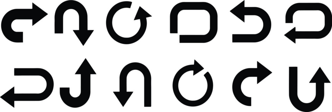 A collection of black arrow icons representing various directions rotation loops and u turns for user interface design projects