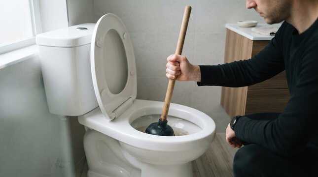 Man unblocking clogged toilet bowl with plunger in a modern bathroom