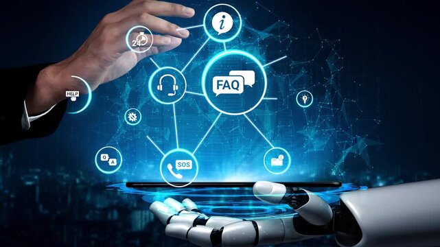 FAQ and online help icons show question, answer, and support system. FAQ improves online help experience, customer service quality, and FAQ knowledge access. Funnel
