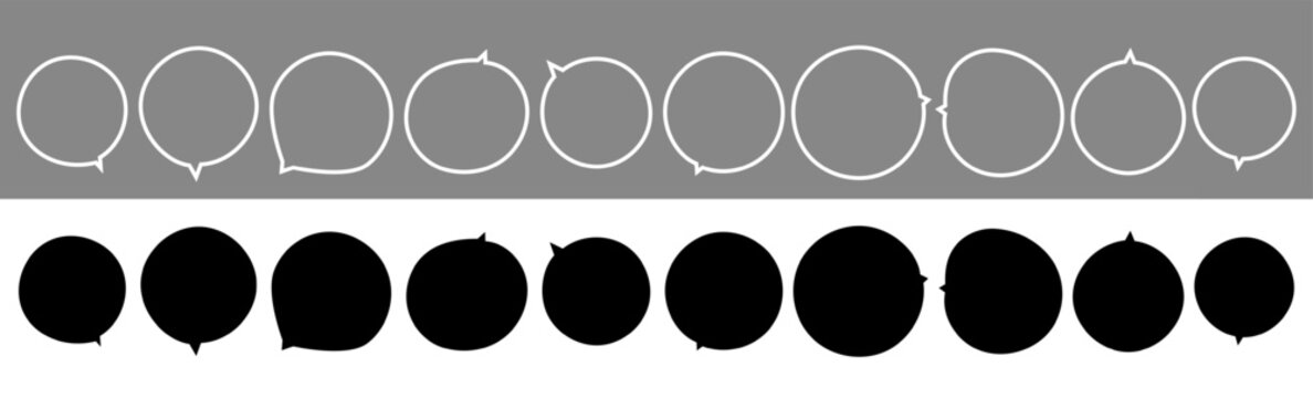 Set of hand-drawn speech bubbles with rounded white outlines and black backgrounds&mdash;suitable for conversations, manga, frames, messages, comics, flyers, chats, etc.