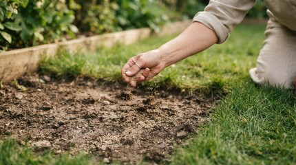 Fototapeta premium Middle-aged woman planting seeds in garden soil, closeup of hand scattering lawn grass seed for landscaping project