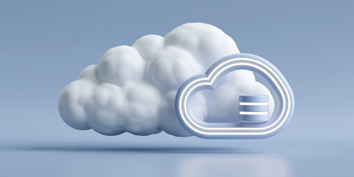 Cloud computing cloud storage data server internet network digital technology abstract background modern platform system secure online backup service file storage cloud icon glowing neon blue