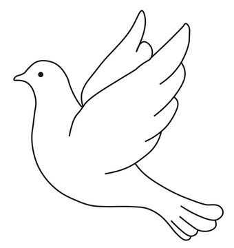 A simple line drawing of a white dove in flight with its wings spread wide.