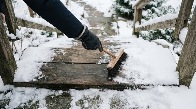 Person sweeping snow from wooden outdoor steps in winter with a hand brush representing property maintenance
