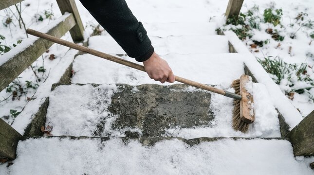 Person sweeping snow off outdoor stone stairs with a wooden broom during winter