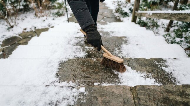 Person sweeping snow off stone stairs with a brush in winter, conceptual image for outdoor maintenance and cold weather chores