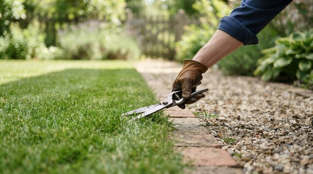 Gardener trimming lawn edges with shears along a brick path in a lush green backyard garden