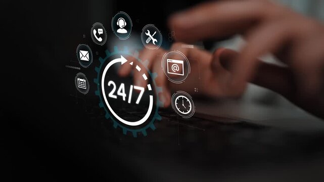 Hands Typing on Keyboard with 24-7 Support Icons Illustrating Customer Service and Technical Assistance in a Digital Environment. Entropy.