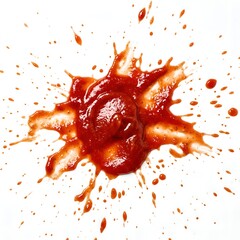 Fototapeta premium Messy Red Tomato Ketchup Splash and Splatter Isolated on White Background. Dynamic Burst of Organic Tomato Sauce, Paste Condiment Spot, and Chili Dip Drop Stain with Small Droplets.