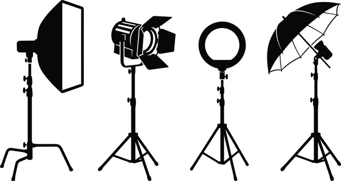 Black Silhouette Set Of Photography Studio Lighting Equipment Including Softbox Ring Light And Umbrella On Tripods