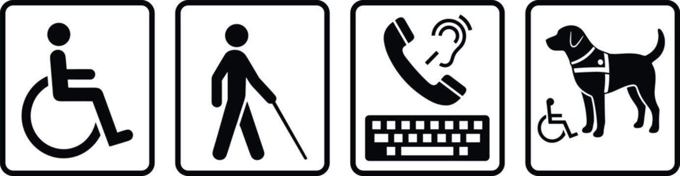 Black vector accessibility and disability icon set featuring wheelchair, visual impairment, hearing aid, and service dog