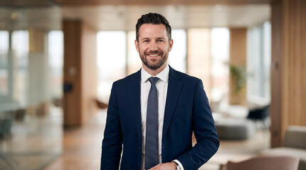 Fototapeta premium Entrepreneur standing confidently in modern office with professional business attire