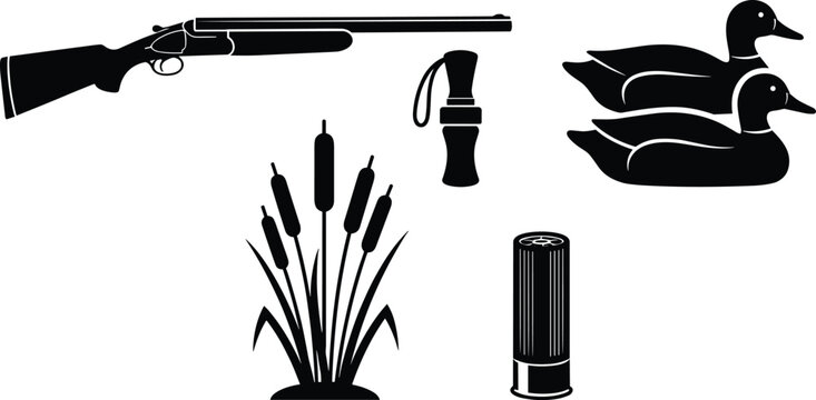 Set of black duck hunting silhouettes featuring shotgun decoys cattails and duck call for outdoor sports design