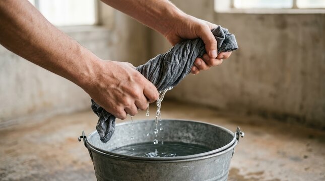 Young adult man wringing wet cloth over metal bucket of water, conceptual image for manual washing and household chores
