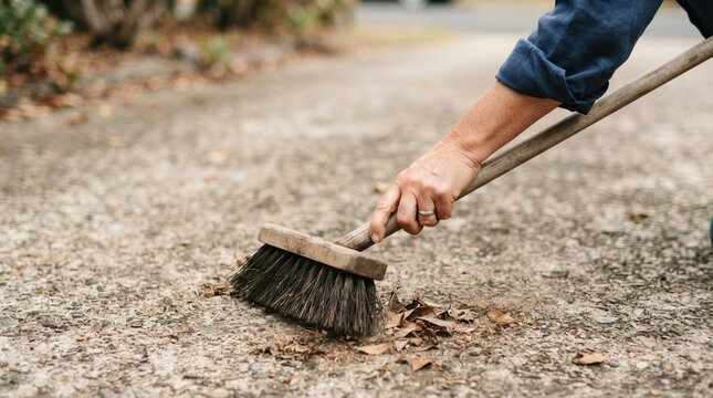 Middle-aged woman sweeping leaves with a wooden broom on a paved driveway representing outdoor maintenance and chores