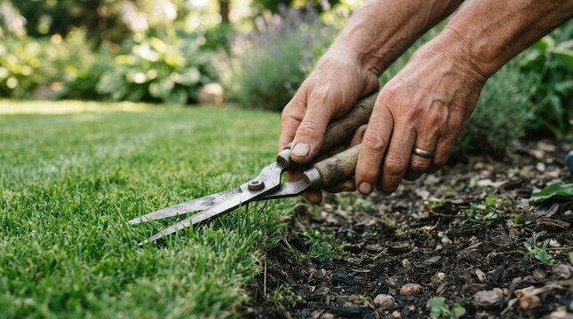 Gardener trimming lawn edges with hand shears in a lush green backyard garden setting