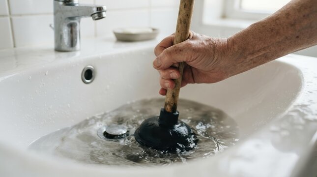 Senior person using a plunger to unclog a blocked bathroom sink filled with water