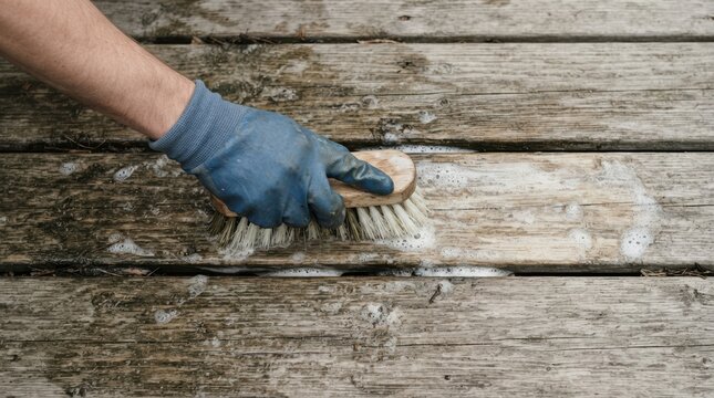 Person wearing protective glove scrubbing weathered wooden deck with brush and soapy water for maintenance