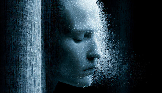 androgynous artificial intelligence consciousness glowing data points assembling into a face,