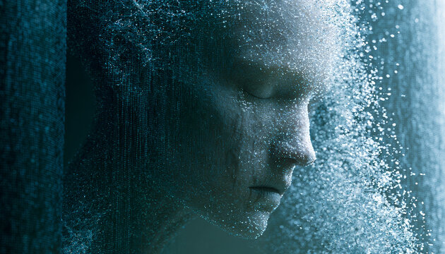 androgynous artificial intelligence consciousness glowing data points assembling into a face,