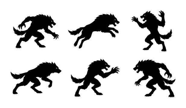Werewolf Silhouette Set, Spooky Halloween Monster Poses, Dark Fantasy Creature Vector Icons