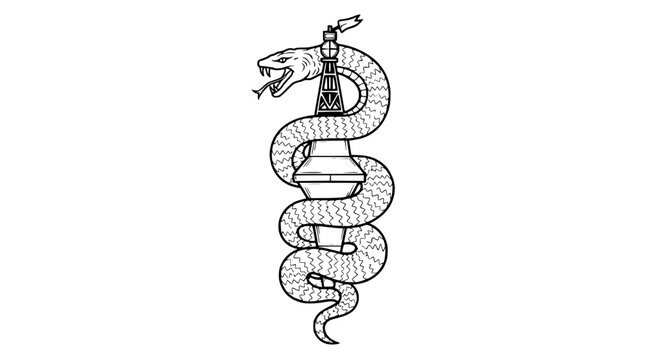 Vintage style etching of a serpent coiled around a lighthouse beacon tower
