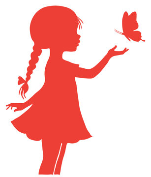 Silhouette of a young girl with braided hair reaching out to a butterfly.