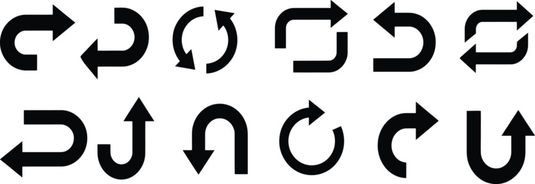 A collection of ten different black arrow icons representing various directions rotation cycles and u turn navigation path symbols
