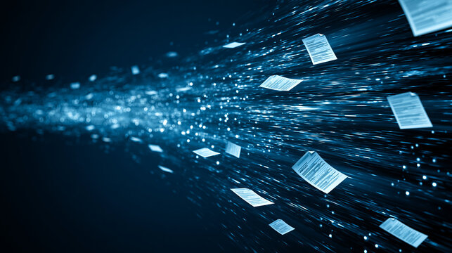 Digital documents flowing in a data stream on a dark blue background