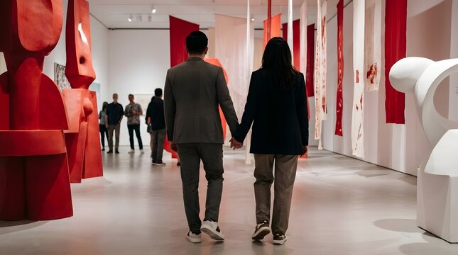 Couple walking through modern art gallery exhibit.