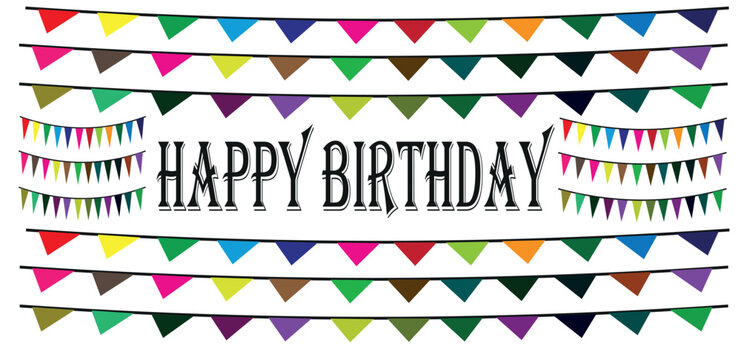Colorful Happy Birthday bunting banner vector, festive party pennant flags on strings, celebratory greeting card background with vibrant garland
