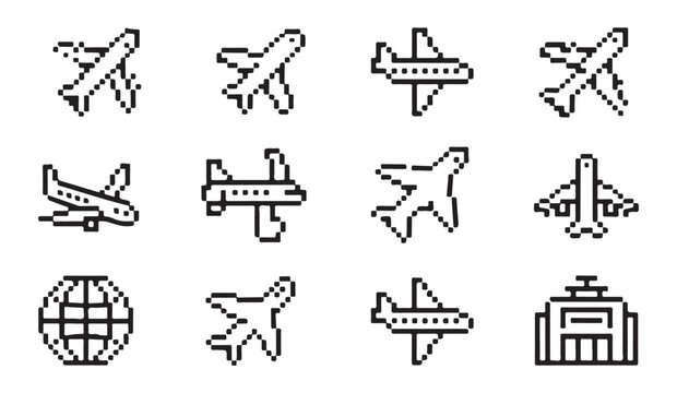 Set of pixel art airplane and globe icons vector illustration isolated on white background.